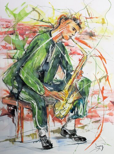 Saxo sur le banc von Jean-Luc Lopez, Malerei kaufen auf Singulart