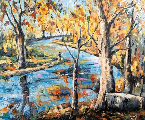 Platanes d'automne sur le canal du Midi von Jean-Luc Lopez, Malerei kaufen auf Singulart