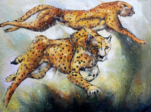 Guépards en chasse von Jean-Luc Lopez, Malerei kaufen auf Singulart