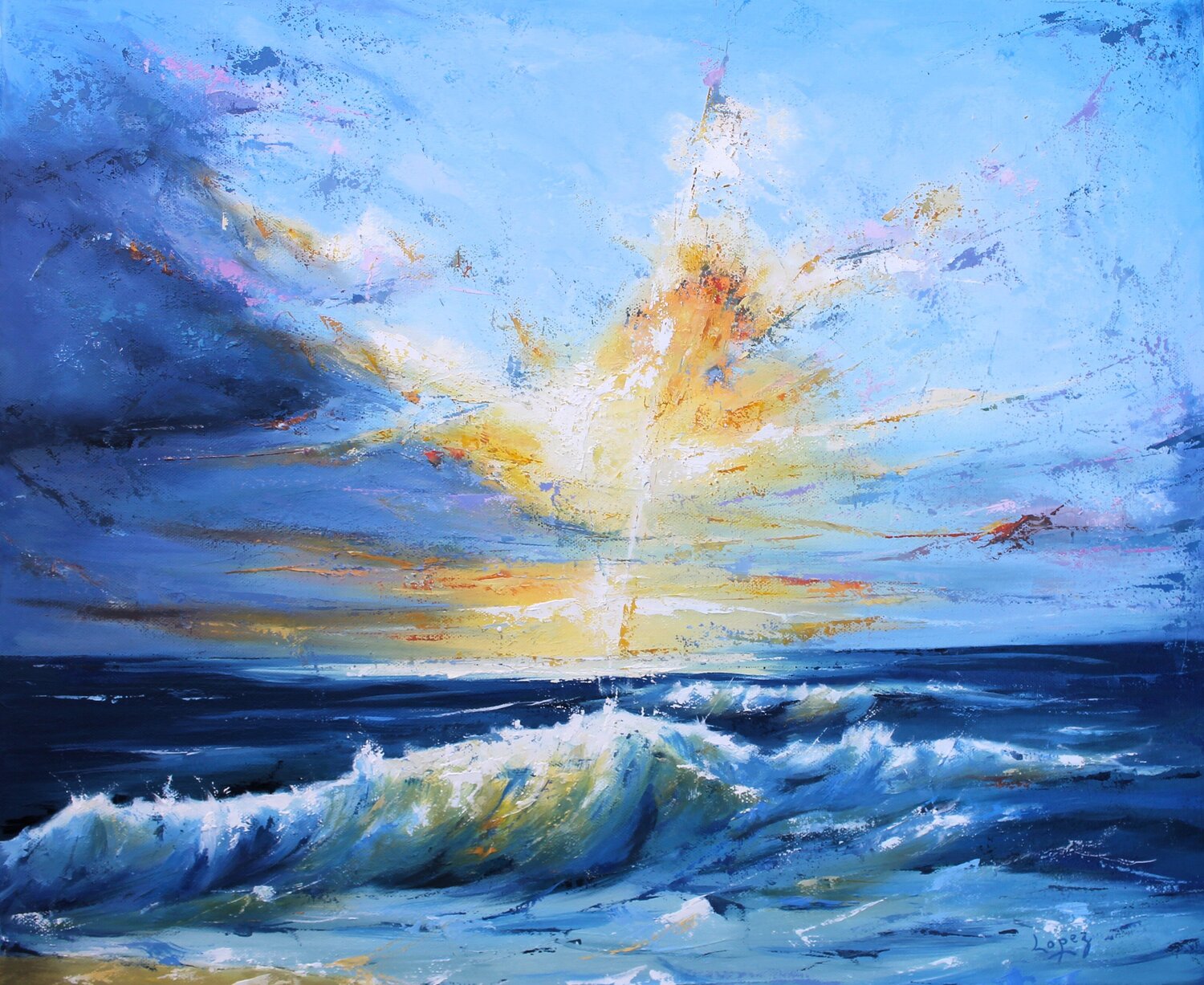 Vague au soleil couchant Jean-Luc Lopez Original painting for sale