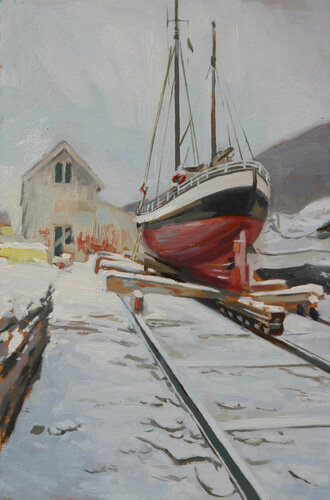 Dry dock, Lyngen Alps, Norway. van Toby Wright, Schilderij te koop op Singulart