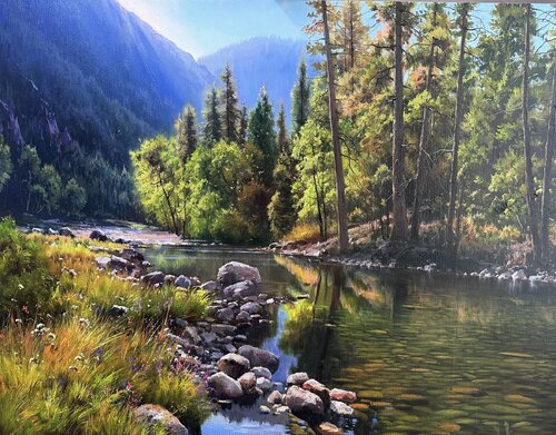 Serenity's Symphony: Where Mountains Meet Waters de Emil Kasymov, Pintura a la venta en Singulart