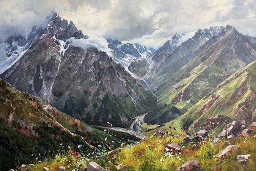 Mountain Landscape with River and Wildflowers de Emil Kasymov, Pintura a la venta en Singulart