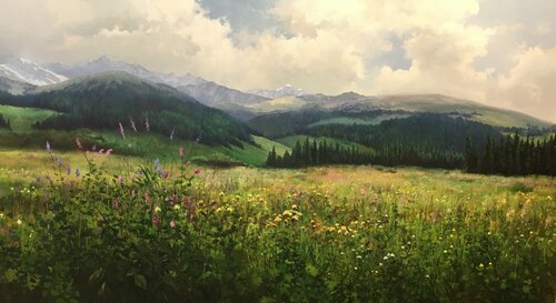 The Wind. Green forest landscape painting. Mountain,flowers, clouds de Emil Kasymov, Pintura a la venta en Singulart