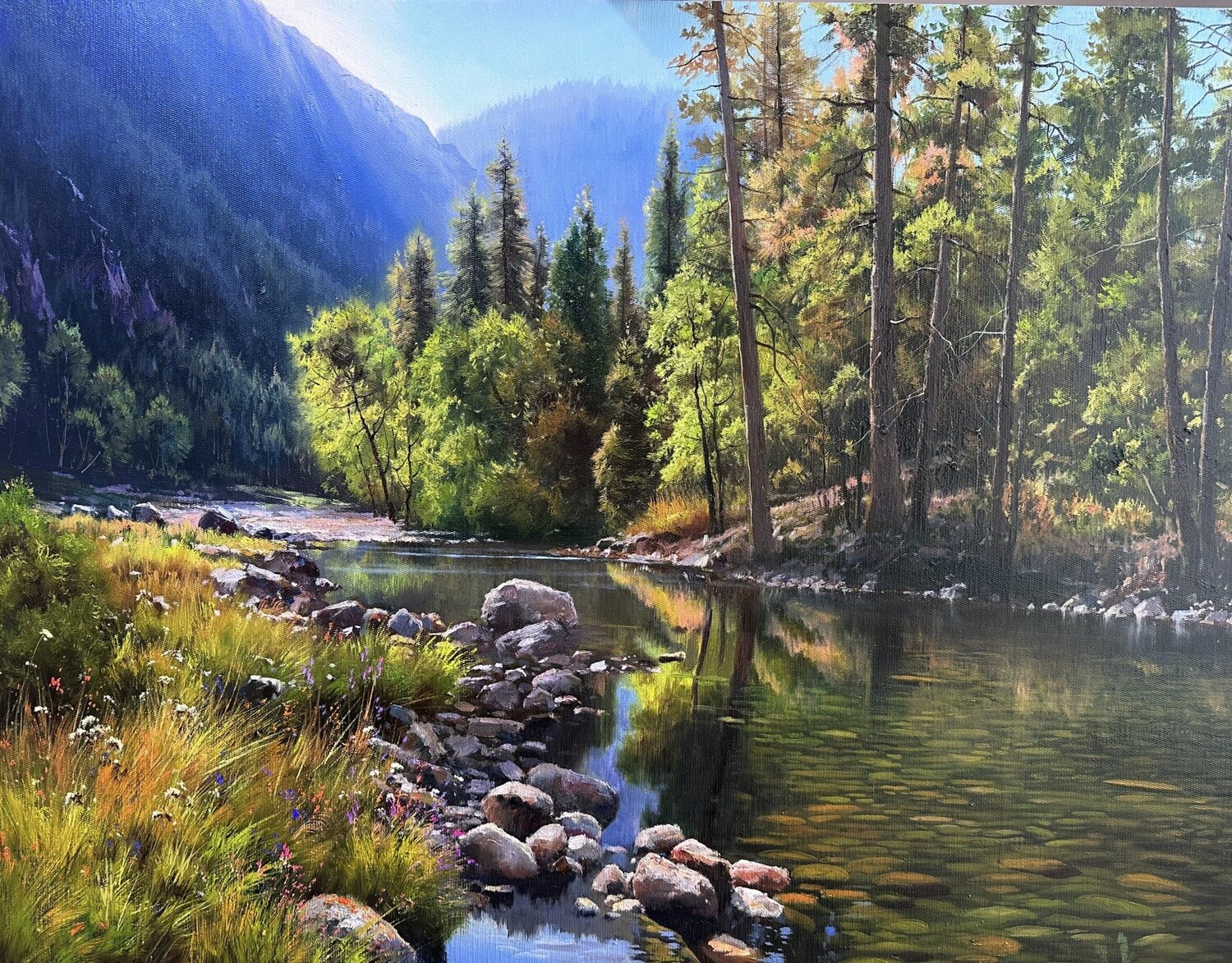Serenity's Symphony: Where Mountains Meet Waters Emil Kasymov Originalgemälde zu verkaufen