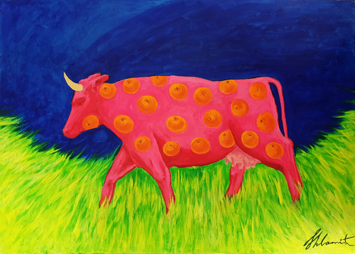 Super Cosmic Milky Way Real Red Mandarin Cow de Shlomit Aharonovitch, Pintura a la venta en Singulart
