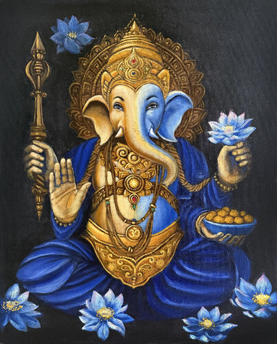 Ganesha with Blue Lotos von Elena Ivaniuk, Malerei kaufen auf Singulart