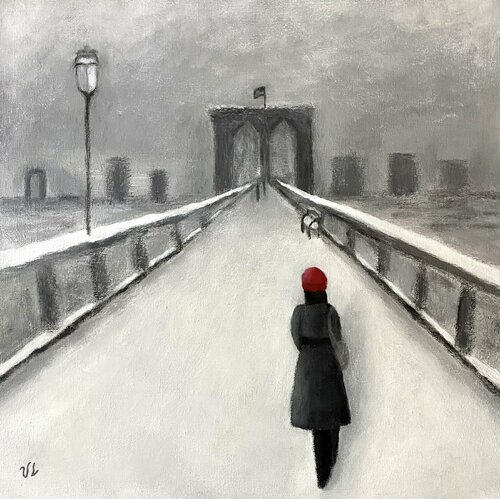 Winter Walk on the Brooklyn Bridge van Victoria Lakes, Schilderij te koop op Singulart