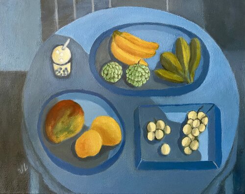 Still life with fruits and bubble tea di Victoria Lakes, Pittura in vendita su Singulart