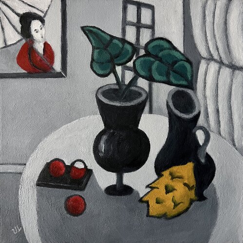 Still Life with Black Vases, Dragon Fruit and Lychees van Victoria Lakes, Schilderij te koop op Singulart