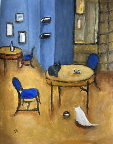 Café des Chats van Victoria Lakes, Schilderij te koop op Singulart