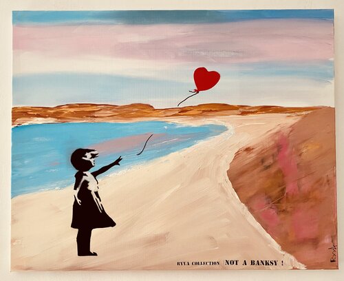 RyvA - Collection : NOT A BANKSY  - mon cœur à la plage van Mr Mindwash, Schilderij te koop op Singulart