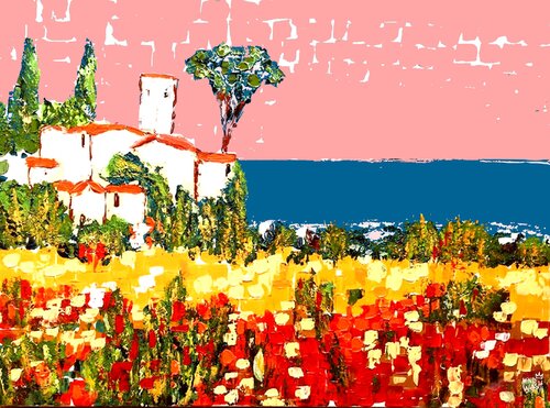 ❖ Digigraphie ❖ «PETIT VILLAGE AU BORD DE LA GRANDE BLEUE» di Mr Mindwash, Opera su carta in vendita su Singulart