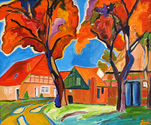 herbstlicher Tag in Fischerhude am Neuen Hof van JARU, Schilderij te koop op Singulart