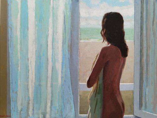 Une femme a la fenêtre. van James MacKeown, Schilderij te koop op Singulart
