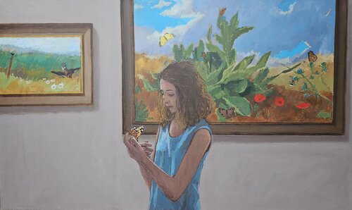 Le papion au musée. di James MacKeown, Pittura in vendita su Singulart