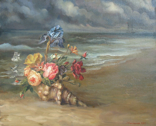 Dusk. Flowers and the sea von Lana Korolievskaia, Malerei kaufen auf Singulart