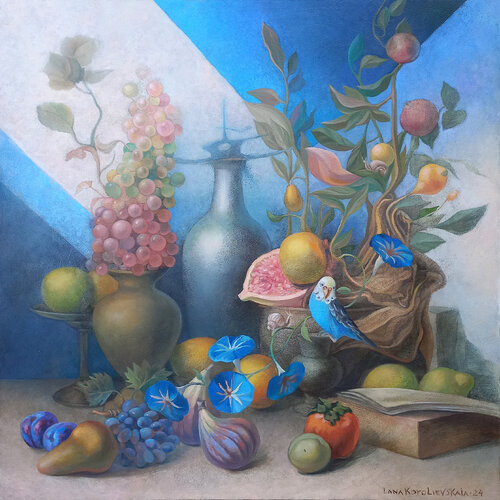 Metaphysical still life with parrot and snails von Lana Korolievskaia, Malerei kaufen auf Singulart