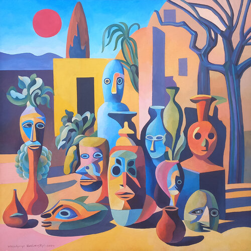 Still life with African masks №5 van Lana Korolievskaia, Schilderij te koop op Singulart