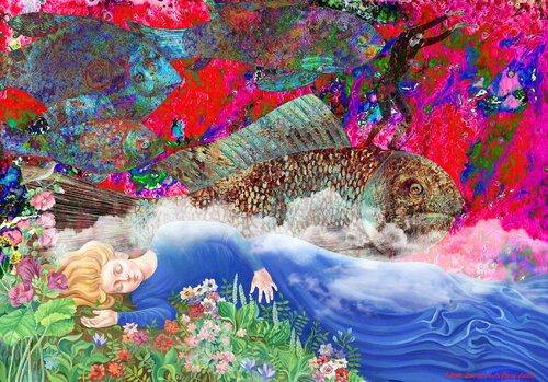 Magical dream of River girl with Fish tamer, flying at Carnival in Rio in the sky von Lana Korolievskaia, Druck kaufen auf Singulart