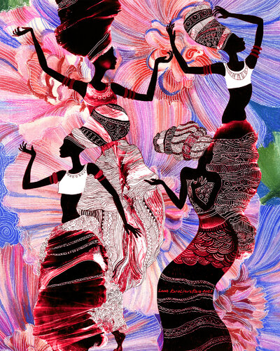 4 graces dancing on a background of Tender mallows by Lana Korolievskaia, Print for Sale on Singulart