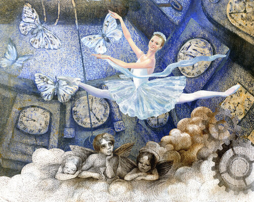 Angels of time are watching the Ballerina jump in the Well of time von Lana Korolievskaia, Druck kaufen auf Singulart