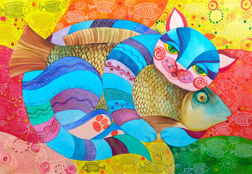 The cat who caught the big fish von Lana Korolievskaia, Werk auf Papier kaufen auf Singulart