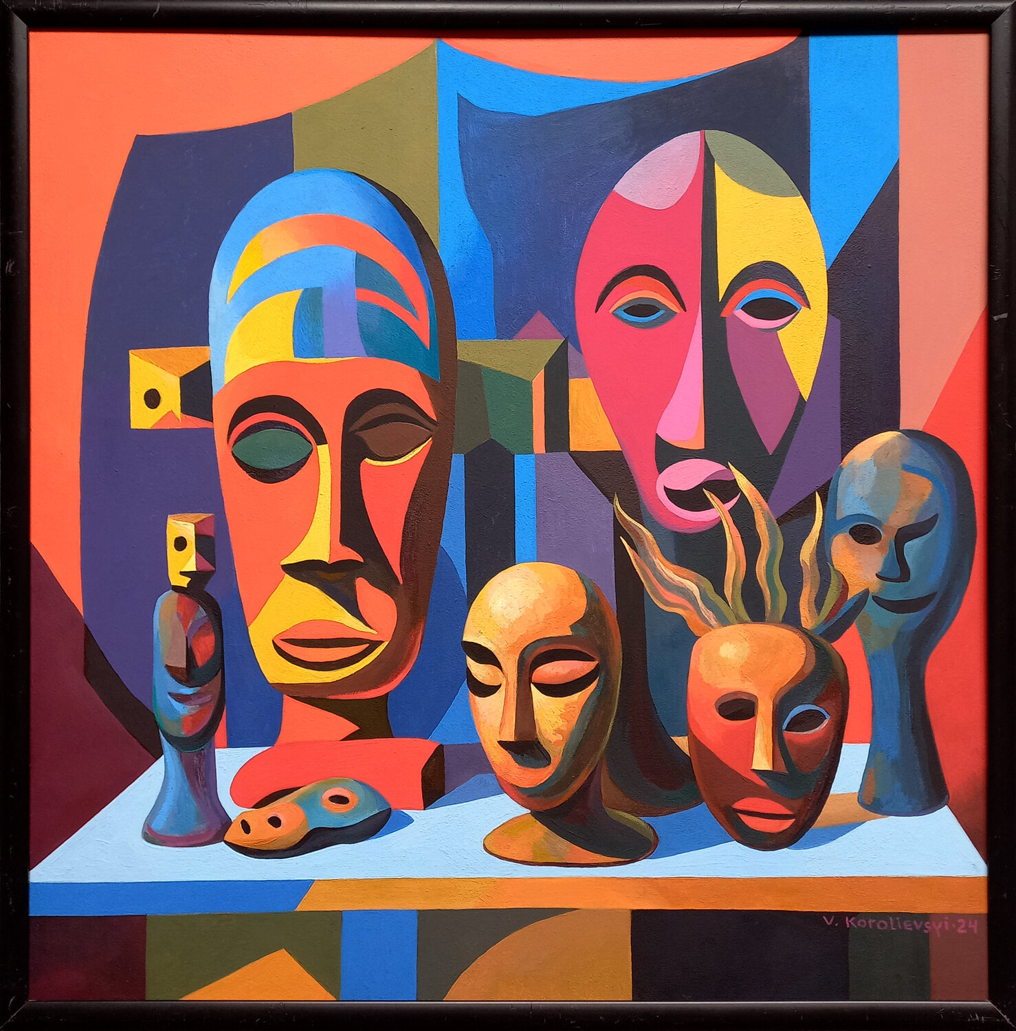 Still life with African masks №1 Lana Korolievskaia Dipinto originale in vendita