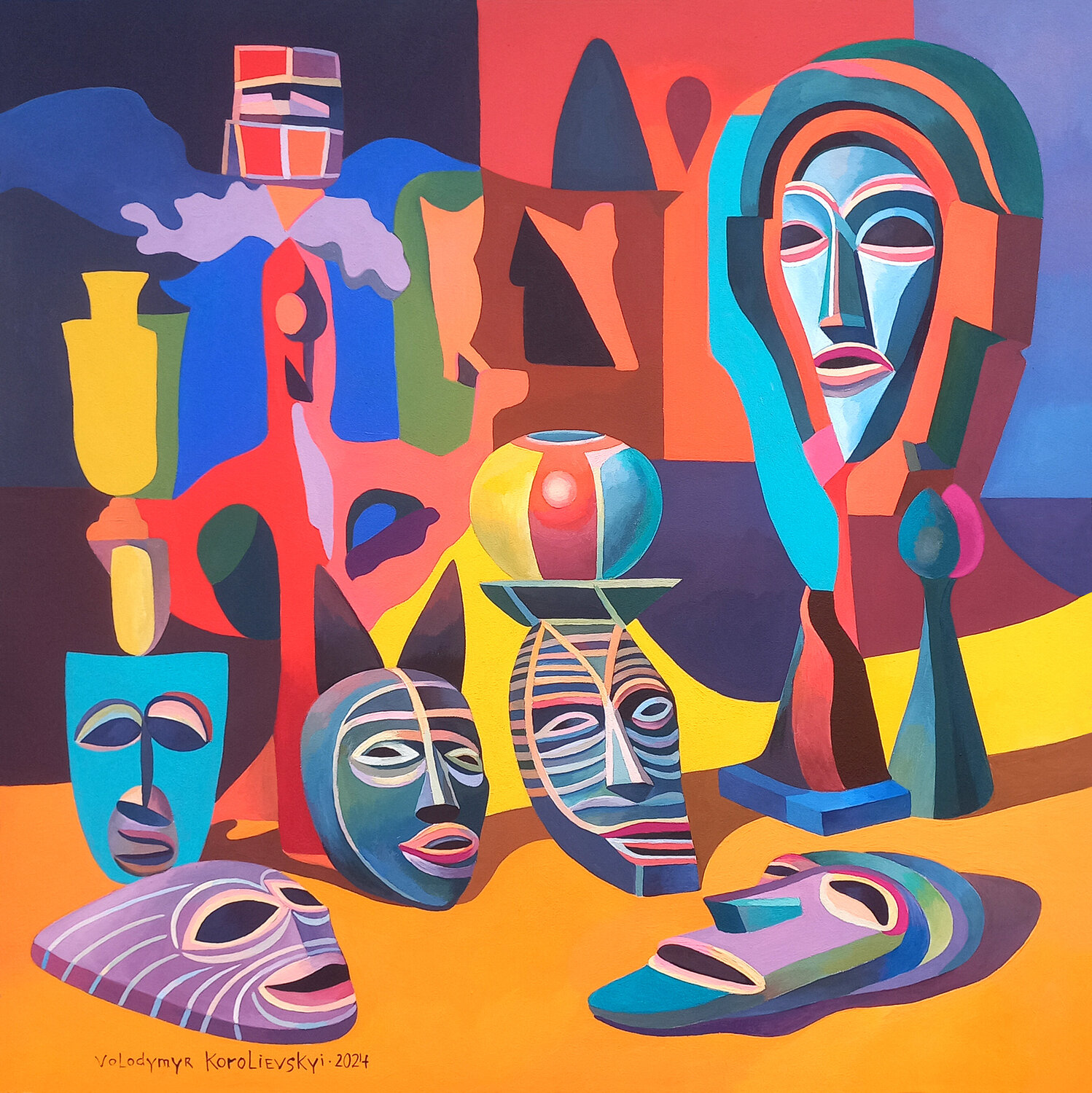 Still life with African masks №3 Lana Korolievskaia Dipinto originale in vendita