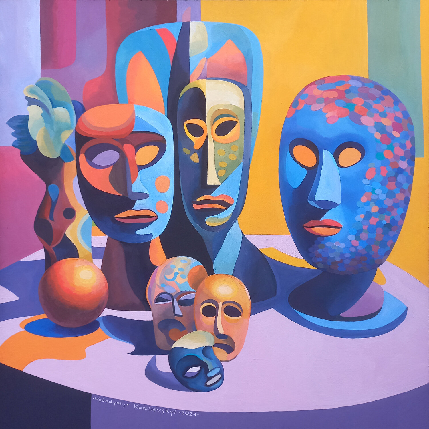 Still life with African masks №4 Lana Korolievskaia Originalgemälde zu verkaufen