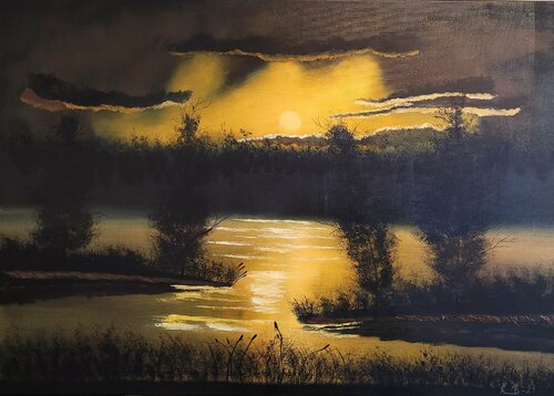 the sun sets in a small lake van Krister Björklund, Schilderij te koop op Singulart