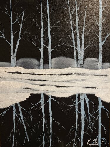 Winterbirches by the  lake van Krister Björklund, Schilderij te koop op Singulart