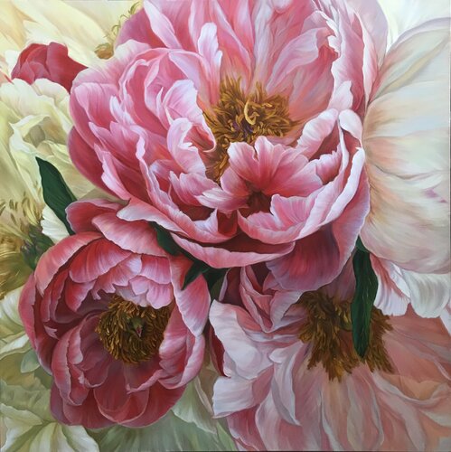 Red and white peonies van Elena Podmarkova, Schilderij te koop op Singulart