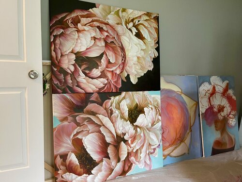 2 paintings from the series "paired peonies in brown and light colors" Elena Podmarkova