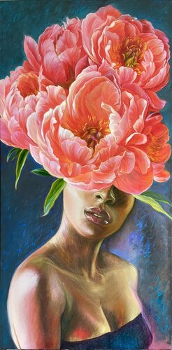 Portrait with red peonies de Elena Podmarkova, Pintura a la venta en Singulart