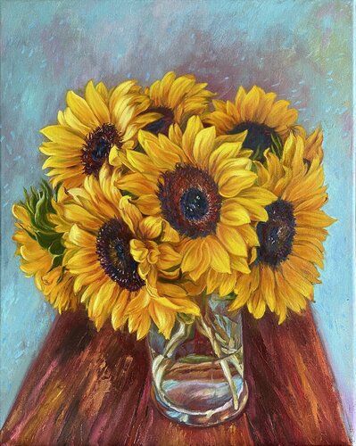 Sunflowers on a turquoise background by Elena Podmarkova, 회화 for Sale on Singulart