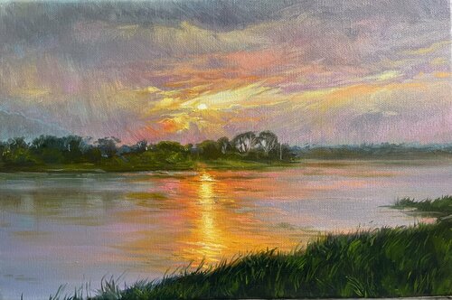 Sunset over Bear Lake in illinois di Elena Podmarkova, Pittura in vendita su Singulart