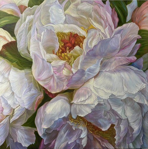 White peonies in a cold color van Elena Podmarkova, Schilderij te koop op Singulart