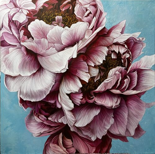 A pair of peonies on an airy background. van Elena Podmarkova, Schilderij te koop op Singulart