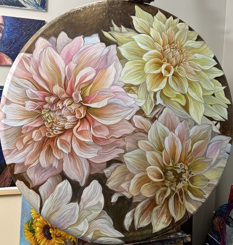 Composition of dahlias on a dark background van Elena Podmarkova, Schilderij te koop op Singulart