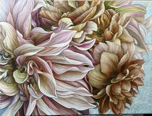 Dahlias and brown roses van Elena Podmarkova, Schilderij te koop op Singulart