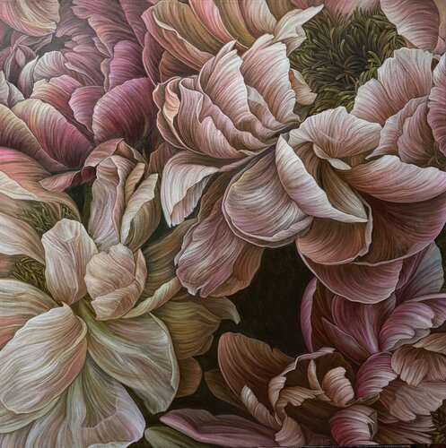 Coffee pink peonies van Elena Podmarkova, Schilderij te koop op Singulart