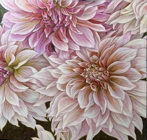 Dahlias on brown background by Elena Podmarkova, 회화 for Sale on Singulart
