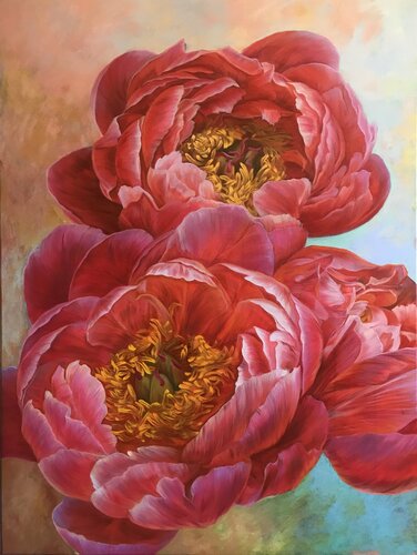 Red peonies van Elena Podmarkova, Schilderij te koop op Singulart