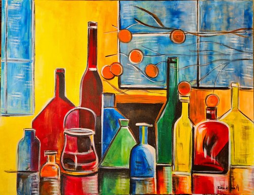 "BOTELLONES y JARRONES" van Estela Del Valle Mañez, Schilderij te koop op Singulart