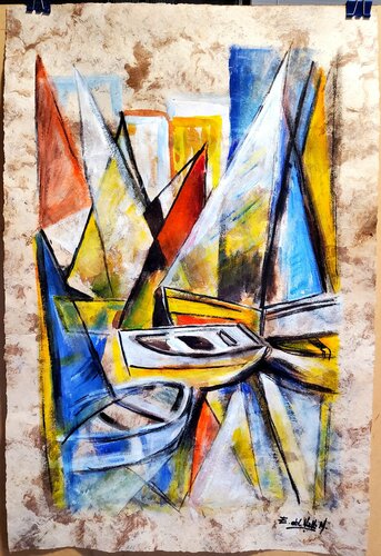"BARCO GEOMETRICOS en AMATE" van Estela Del Valle Mañez, Werk op papier te koop op Singulart