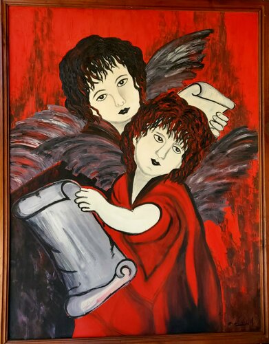 "ANGELES CANTORES EN ROJO" von Estela Del Valle Mañez, Malerei kaufen auf Singulart