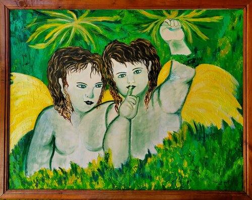"ANGELES ESCODIDOS EN VERDE II" van Estela Del Valle Mañez, Schilderij te koop op Singulart
