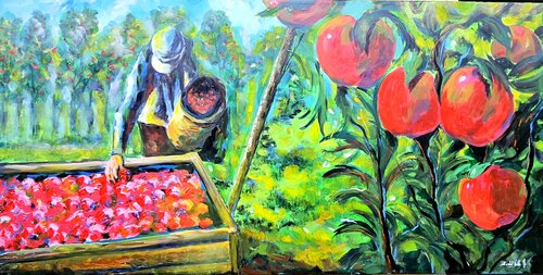 "SACANDO MANZANAS" van Estela Del Valle Mañez, Schilderij te koop op Singulart