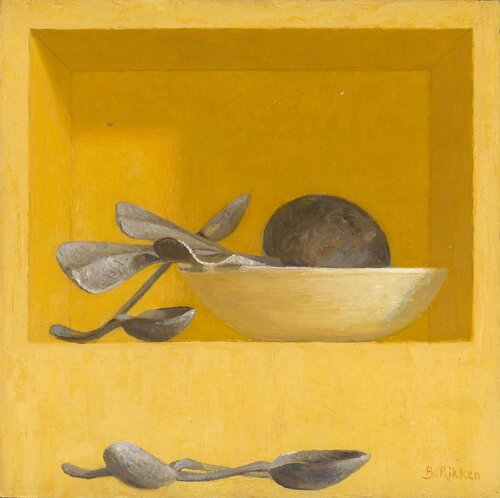 Still life with pewter spoons, yellow von Ben Rikken, Malerei kaufen auf Singulart